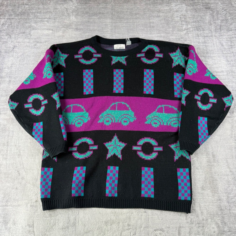 Jeff Laurent Sweater Women XL Black Vintage 80s Car Star Geometric Graphic Knit